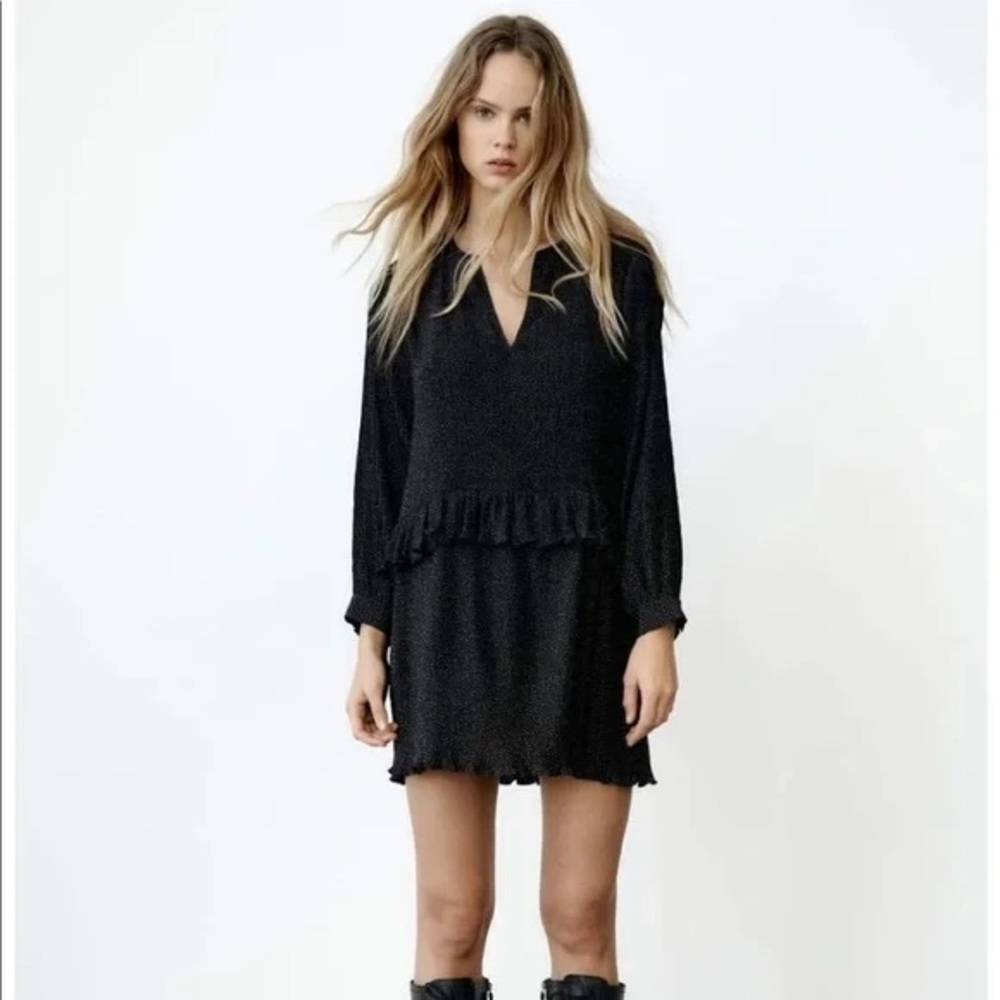 Zara Micro Polkadot Pleated Long Sleeve Dress Black Small